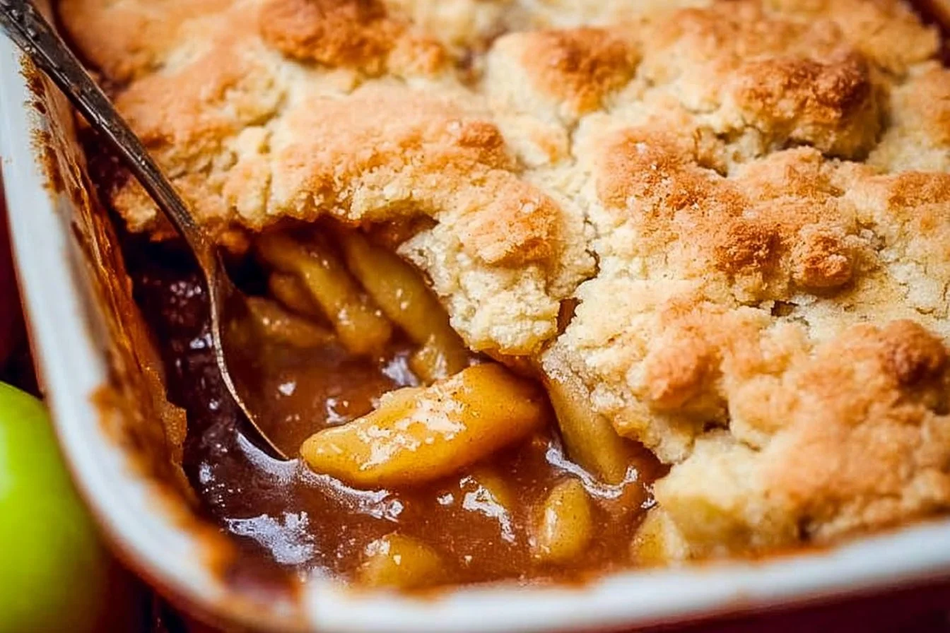 Delicious homemade apple cobbler served warm with ice cream on top.