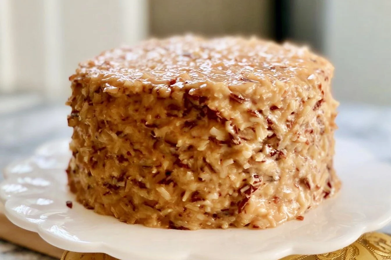 Delicious slice of German Chocolate Cake with coconut-pecan frosting