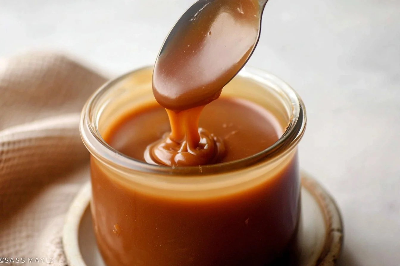 Delicious homemade salted caramel drizzled over desserts