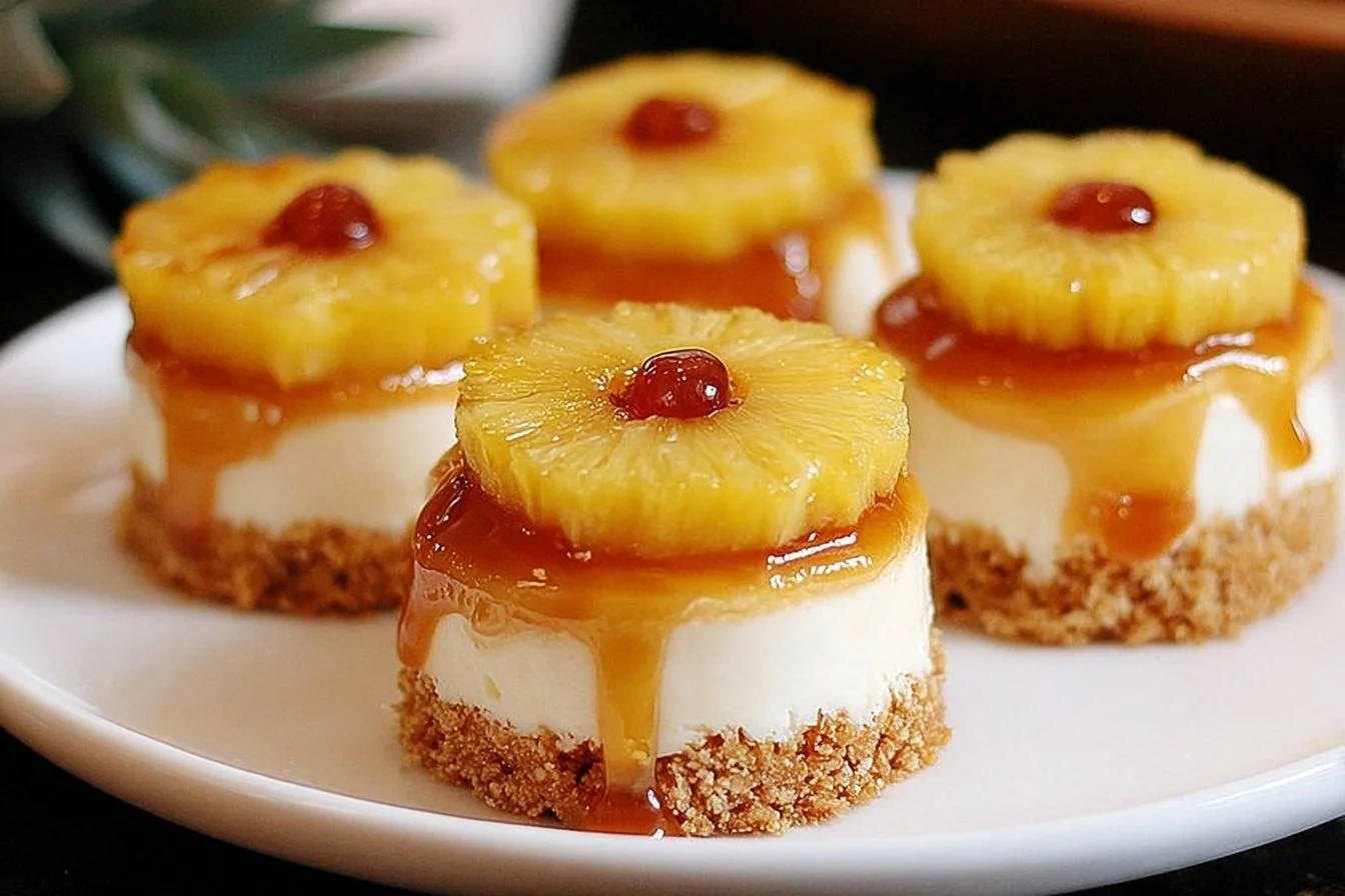 Mini pineapple upside down cheesecakes topped with caramelized pineapple slices