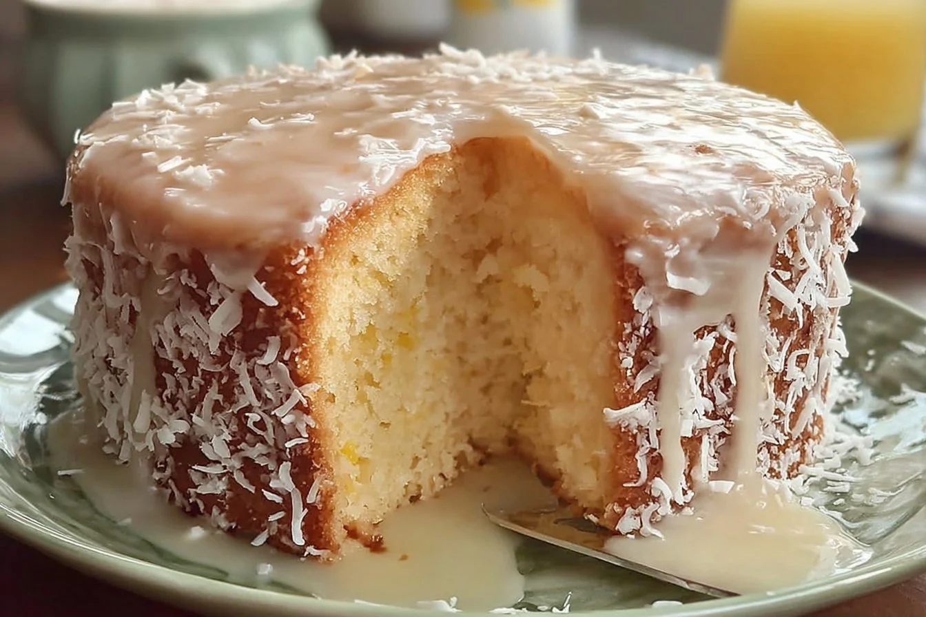 Sliced Pina Colada Pound Cake topped with pineapple and coconut flakes