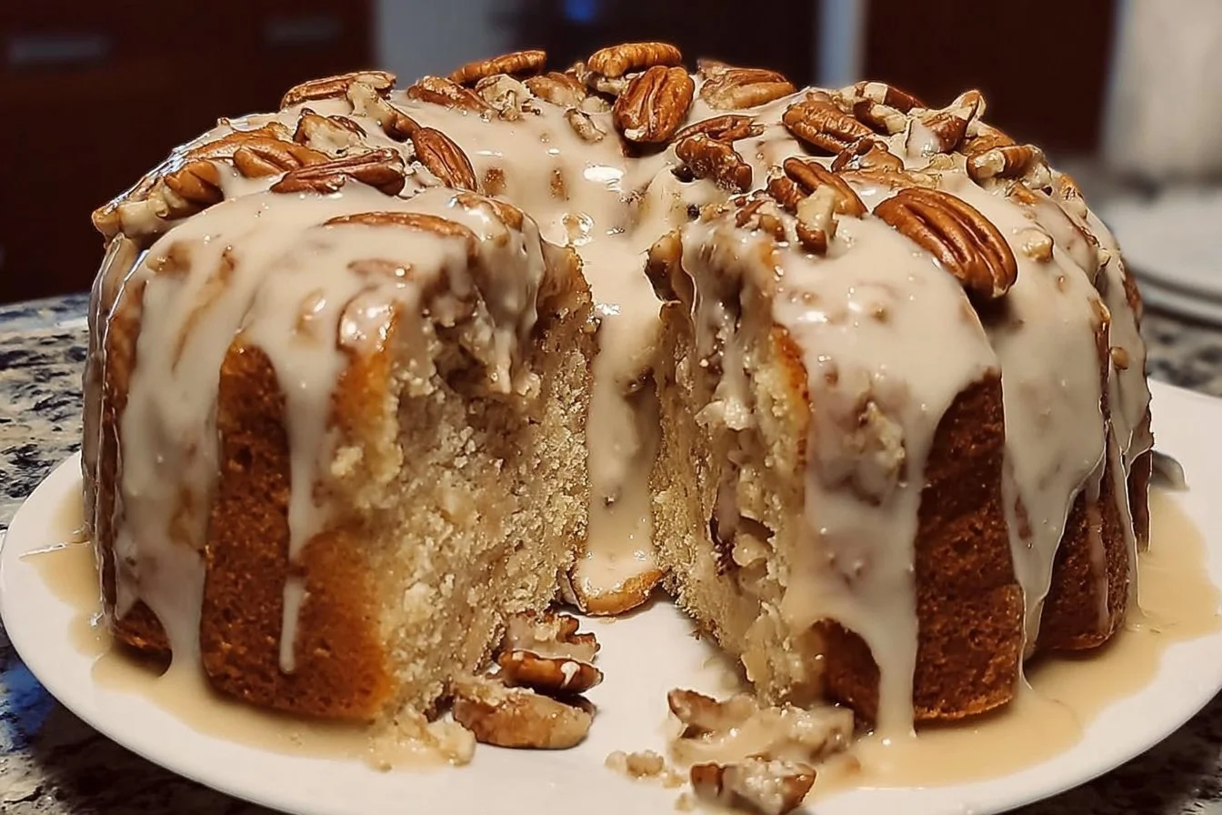 Slice of Pineapple Pecan Cream Cheese Pound Cake topped with pecans
