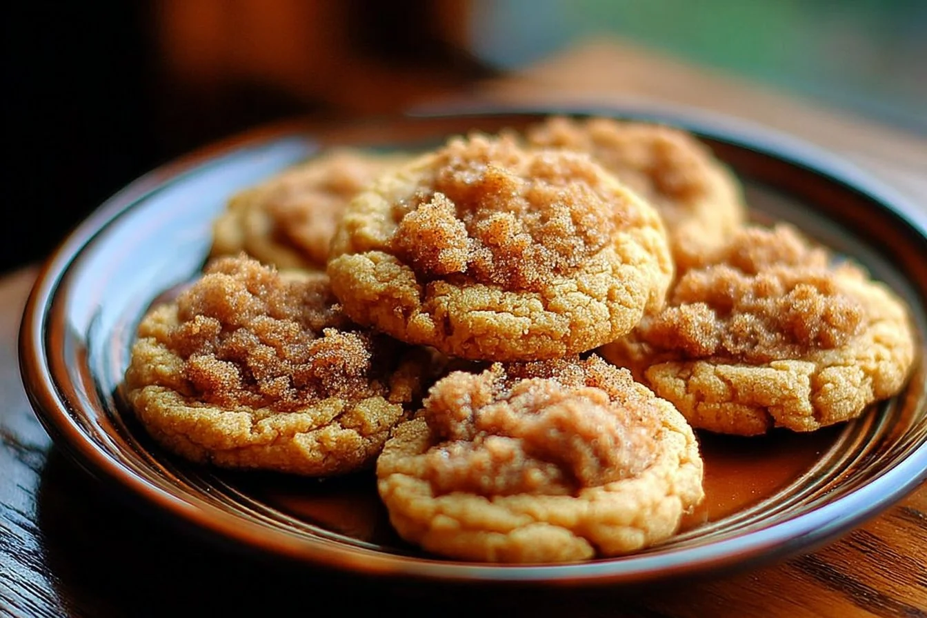 Delicious pumpkin cinnamon crumble cookies on a plate, perfect for fall desserts.