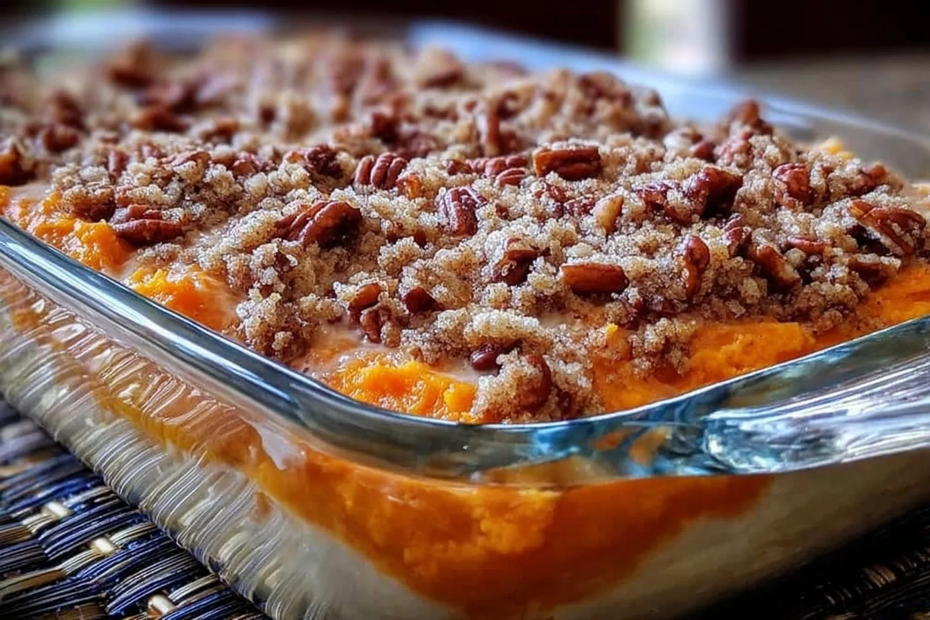 Delicious Southern sweet potato casserole topped with marshmallows and pecans.