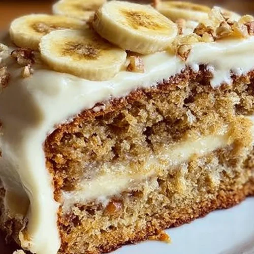 Delicious banana bread cake with cream cheese frosting on a plate