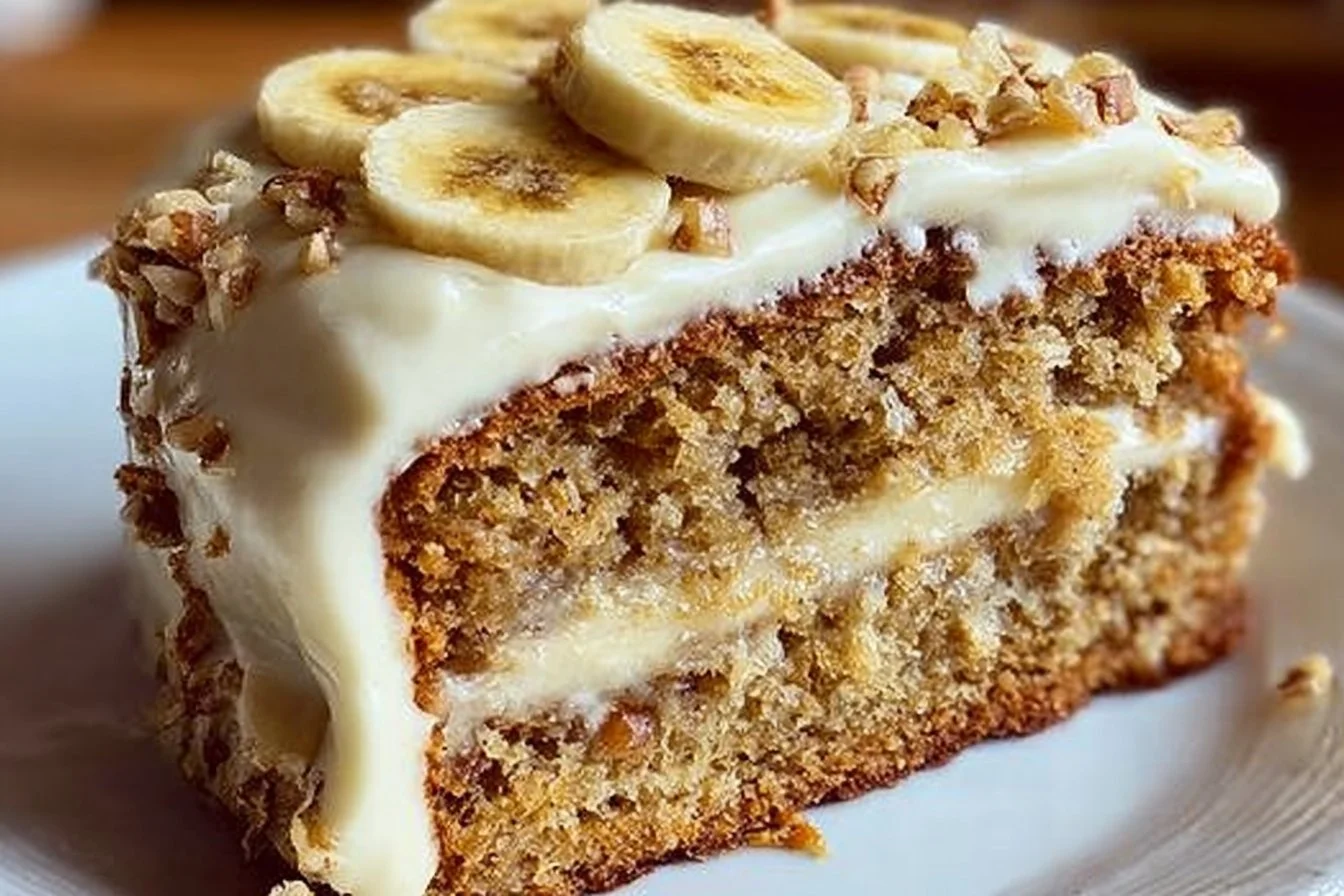 Delicious banana bread cake with cream cheese frosting on a plate